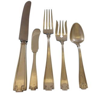 Gorham Etruscan Sterling Silver Flatware Set for 6, 32 Pieces, Art Deco Design: Gorham Etruscan Sterling Silver Flatware Set for 6, 32 Pieces, Art Deco Design This exquisite Etruscan flatware set by Gorham showcases the timeless elegance of the Art Deco style, featuring a distinc
