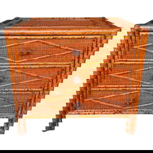 British Colonial Diminutive Chest Bamboo Rattan Tortoiseshell Design: British Colonial Diminutive Chest Bamboo Rattan Tortoiseshell Design Introducing a captivating British Colonial-style diminutive chest of drawers, meticulously crafted with a combination of bamboo, ra