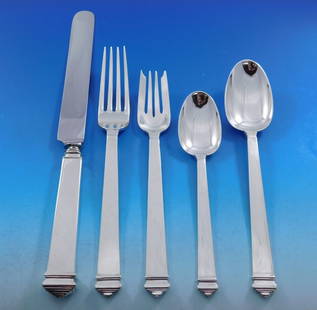 Tiffany & Co. Hampton Sterling Silver Flatware Set for 12 63 Pieces Art Deco: Tiffany & Co. Hampton Sterling Silver Flatware Set for 12 63 Pieces Art Deco Elevate your dining experience with this stunning Hampton by Tiffany Sterling Silver Flatware Set for 12, comprising a tota
