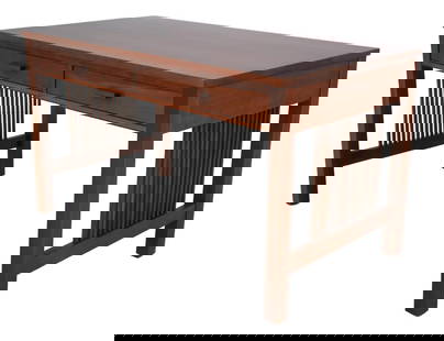 Stickley 2 Drawer Mission Desk Solid Cherry High Sheen 52.5w x 29.5d x 30.5h: Stickley 2 Drawer Mission Desk Solid Cherry High Sheen 52.5w x 29.5d x 30.5h This Stickley Cherry 2 Drawer Mission Desk, crafted around 2006, showcases exquisite solid cherry wood construction with a