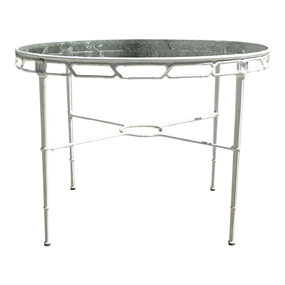 Vintage Coastal Cast Aluminum Table Inspired by Brown Jordan: Vintage Coastal Cast Aluminum Table Inspired by Brown Jordan Enhance your indoor or outdoor space with this vintage cast aluminum table, inspired by the design of Brown Jordan. This piece features a b