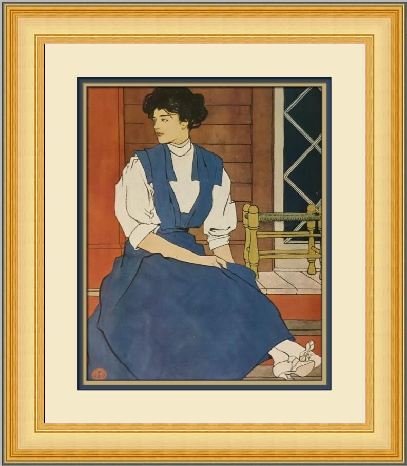 Edward Penfield Young Woman on a Veranda Custom Framed Print 20 x 19: Edward Penfield Young Woman on a Veranda Custom Framed Print 20 x 19 This exquisite custom framed print titled 'Young Woman on a Veranda' by Edward Penfield showcases a beautiful impressionistic style
