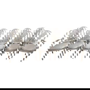 Set of 10 Maison Jansen Style Silverleaf Montgolfier Dining Chairs: Set of 10 Maison Jansen Style Silverleaf Montgolfier Dining Chairs This exquisite set of ten dining chairs, attributed to Maison Jansen, showcases a unique 'Montgolfier' hot-air balloon design, inspir