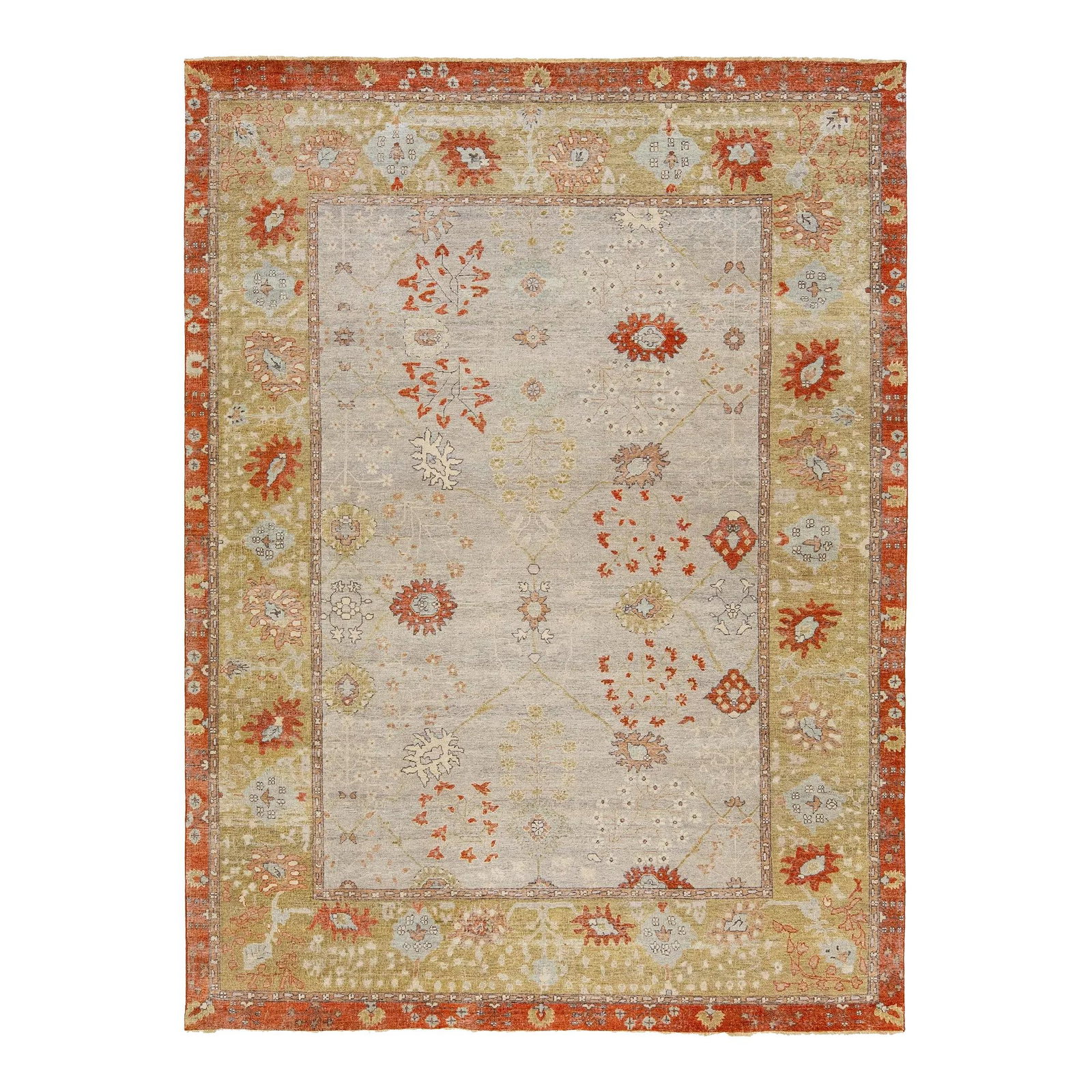 Handmade Apadana Tabriz Wool Rug Gray Orange Floral 8'10 x 11'11: Handmade Apadana Tabriz Wool Rug Gray Orange Floral 8'10 x 11'11 Discover the beauty of Apadana's Artisan Line with this exquisite Handmade Tabriz Modern Indian Wool Rug. This stunning piece showcases