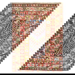 Colorful Early 20th Century Caucasian Shirvan Kazak Rug: Colorful Early 20th Century Caucasian Shirvan Kazak Rug Discover this early 20th century whimsical Caucasian Shirvan decorative rug, showcasing a vibrant Directional motif framed by a multi-band borde