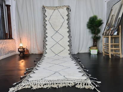 Authentic Handmade White Runner Rug 2 x 13 Feet Morocco: Authentic Handmade White Runner Rug 2 x 13 Feet Morocco Enhance your space with this Stylish Authentic Soft Handmade Runner Rug, featuring a striking black pattern and an engraved frame. Handwoven in