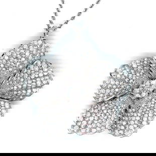 French 18K White Gold Diamond Flower Brooch Pendant with 14K Chain: French 18K White Gold Diamond Flower Brooch Pendant with 14K Chain This exquisite French brooch/pendant is crafted from 18K white gold and adorned with approximately 360 diamonds, totaling an impressi