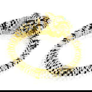 David Webb Tiger Bracelet Platinum 18K Gold Enamel Diamond Emerald: David Webb Tiger Bracelet Platinum 18K Gold Enamel Diamond Emerald This exquisite David Webb bracelet is a stunning representation of artistry and luxury, designed in the shape of a tiger's head with
