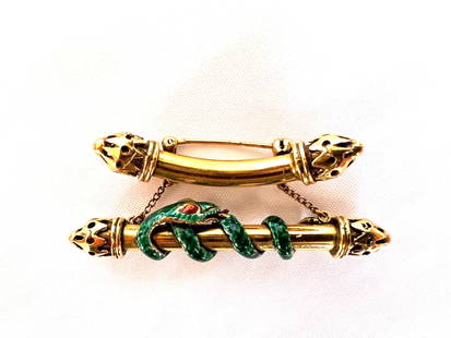 Victorian 18K Gold Enameled Snake Brooch Stunning Craftsmanship: Victorian 18K Gold Enameled Snake Brooch Stunning Craftsmanship This exquisite Victorian brooch showcases a stunning design of a snake crafted in 18K yellow gold. Weighing 14.30 grams, it features int