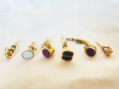 18th Century Gold Winding Keys Collection with Jade Garnet Amethyst Coral: 18th Century Gold Winding Keys Collection with Jade Garnet Amethyst Coral Discover this magnificent and extra rare collection of six antique gold winding keys from the 18th century, featuring an array