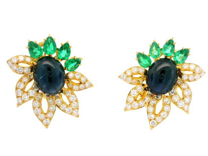 Omega 18k Gold GIA Certified 12.26ct Sapphire Emerald Diamond Earrings: Omega 18k Gold GIA Certified 12.26ct Sapphire Emerald Diamond Earrings These exquisite earrings are crafted in 18k yellow gold and feature a stunning combination of sapphires, emeralds, and diamonds a