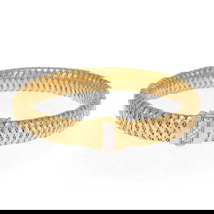 Roberto Coin 18k Gold Diamond Basket Weave Flex Bracelet 10mm: Roberto Coin 18k Gold Diamond Basket Weave Flex Bracelet 10mm This exquisite Roberto Coin bracelet features a stunning basket weave design crafted from 18k yellow gold with a white gold accent. The fl