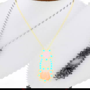 Vintage 18k Gold Coral Rose Pendant Necklace with Turquoise Halo: Vintage 18k Gold Coral Rose Pendant Necklace with Turquoise Halo This exquisite necklace features a beautifully carved coral rose pendant set in a vibrant turquoise halo, complemented by 26 sparkling