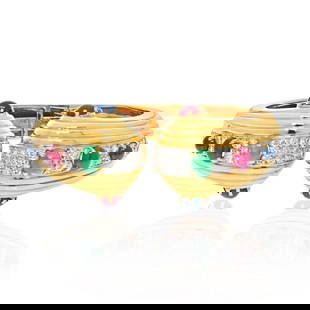 David Webb 18K Yellow Gold Hinged Bracelet with Emerald Ruby Sapphire Diamonds: David Webb 18K Yellow Gold Hinged Bracelet with Emerald Ruby Sapphire Diamonds This exquisite hinged bracelet by David Webb is crafted from 18K yellow gold and features a stunning array of gemstones.