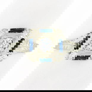 Antique Art Deco 18K White Gold Diamond Sapphire Engagement Ring: Antique Art Deco 18K White Gold Diamond Sapphire Engagement Ring This exquisite Antique Art Deco ring features a stunning 0.15ctw round diamond set in solid 18K white gold. The diamond is graded as Ve