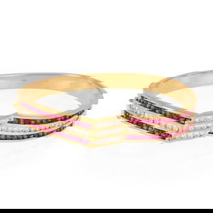 Elegant 5.5ct Diamond Ruby 18k Yellow Gold Hinged Bracelet: Elegant 5.5ct Diamond Ruby 18k Yellow Gold Hinged Bracelet This stunning estate bracelet is expertly crafted from 18k yellow gold with a polished finish. The bracelet features a 10mm wide centerpiece