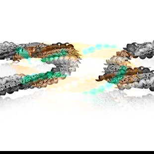 Bvlgari 18K Yellow Gold Torsade Bracelet with Chrysoprase and Pearls: Bvlgari 18K Yellow Gold Torsade Bracelet with Chrysoprase and Pearls This exquisite Bvlgari bracelet is crafted from luxurious 18K yellow gold and features a stunning combination of chrysoprase and pe