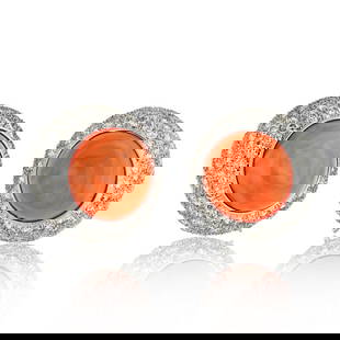 David Webb 18K White Gold Coral Diamond Clip Earrings 12.5ct: David Webb 18K White Gold Coral Diamond Clip Earrings 12.5ct These exquisite earrings by David Webb showcase a stunning design featuring round button coral at their center, exuding a rich and vibrant