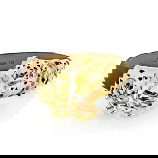 Cartier 18K Yellow Gold Panther Head Silk Bracelet with Diamonds: Cartier 18K Yellow Gold Panther Head Silk Bracelet with Diamonds This exquisite Cartier bracelet features an 18K yellow gold panther head clasp, elegantly pairing with a brown silk band. The bracelet