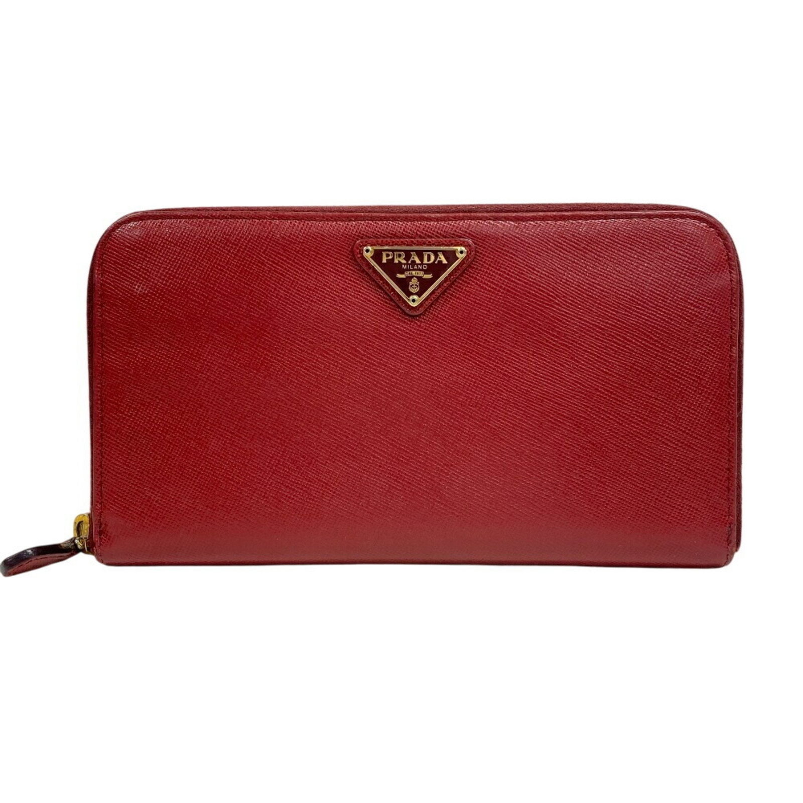 Prada Saffiano Red Bi-Fold Coin Purse Women's Leather: Prada Saffiano Red Bi-Fold Coin Purse Women's Leather This PRADA Saffiano Round Coin Purse in vibrant red is a stylish accessory for women. Crafted from high-quality leather, it features a bi-fold des