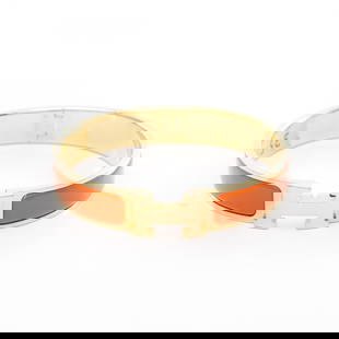 Hermes Click-Clack PM Gold Plated Enamel Bangle Orange Women: Hermes Click-Clack PM Gold Plated Enamel Bangle Orange Women This stunning Hermes Click-Clack PM Bangle is a perfect accessory for women, featuring an elegant design with a vibrant orange enamel finis