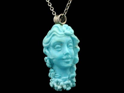 Pandora Carved Turquoise Portrait Sterling Silver Cable Link Necklace: Pandora Carved Turquoise Portrait Sterling Silver Cable Link Necklace This stunning necklace features a beautifully carved turquoise portrait, set in a classic sterling silver cable link chain. The na