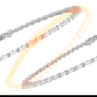 5.61ct Round Cut Diamond Tennis Bracelet in 14k Rose Gold: 5.61ct Round Cut Diamond Tennis Bracelet in 14k Rose Gold This exquisite 5.61ct diamond tennis bracelet features 59 round brilliant diamonds set in lustrous 14k rose gold. The diamonds boast an approx