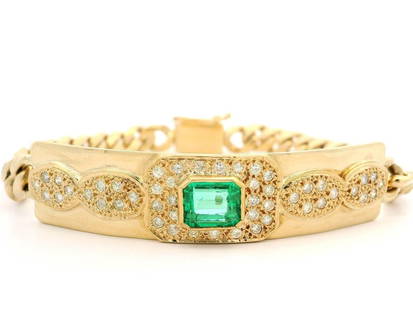 Unisex 18k Gold GIA Colombian Emerald Diamond Cuban Link Bracelet 2.50ctw: Unisex 18k Gold GIA Colombian Emerald Diamond Cuban Link Bracelet 2.50ctw This exquisite unisex bracelet features a stunning blend of 18k yellow gold, Colombian emeralds, and diamonds. The main stone,