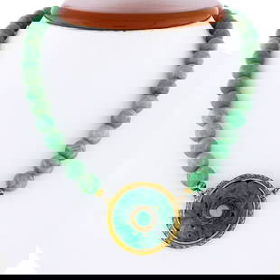 Antique 16 Inch Beaded Necklace Green Jade 14k Gold Pendant: Antique 16 Inch Beaded Necklace Green Jade 14k Gold Pendant This exquisite antique bead strand necklace features a striking carved green jade etched pendant elegantly suspended from a 16-inch yellow g