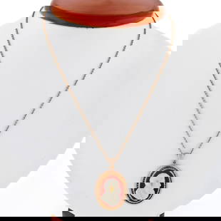 Victorian 14K Rose Gold Carved Agate Cameo Pendant Necklace: Victorian 14K Rose Gold Carved Agate Cameo Pendant Necklace This exquisite antique Victorian pendant is crafted from solid 14K rose gold, featuring a beautifully raised carved agate cameo. The intrica
