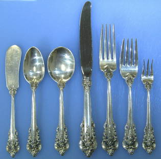 Wallace Grande Baroque Sterling Silver 56pc Flatware Set for 8: Wallace Grande Baroque Sterling Silver 56pc Flatware Set for 8 Elevate your dining experience with the Wallace Silver Grande Baroque 7-piece Sterling Silverware Service for 8, comprising a total of 56