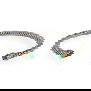 Sterling Silver 14k Yellow Gold Turquoise Bead Cable Cuff Bracelet: Sterling Silver 14k Yellow Gold Turquoise Bead Cable Cuff Bracelet This is a lovely cuff bracelet, it is crafted from sterling silver with 14k yellow gold accent, the band is in silver and it is 4mm t