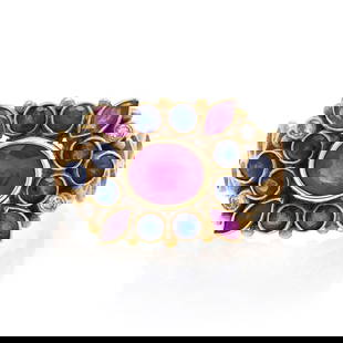 Rachel Koen 14K Yellow Gold Ruby Blue Sapphire Diamond Cocktail Ring: Rachel Koen 14K Yellow Gold Ruby Blue Sapphire Diamond Cocktail Ring This exquisite cocktail ring showcases a stunning combination of a vibrant red oval ruby, complemented by shimmering blue sapphires