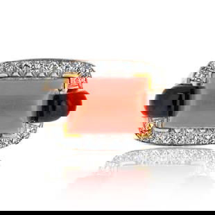 David Webb Platinum 18K Yellow Gold Coral Onyx Diamond Estate Ring: David Webb Platinum 18K Yellow Gold Coral Onyx Diamond Estate Ring Indulge in the exquisite allure of this stunning Platinum & 18K Yellow Gold Coral Onyx and Diamond Ring by David Webb. This estate ri