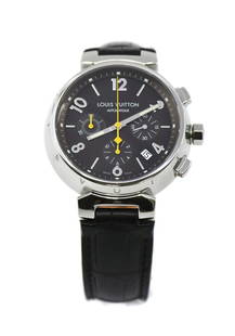 Louis Vuitton Tambour Chronograph Stainless Steel Watch Q1121 with Box and Papers: Louis Vuitton Tambour Chronograph Stainless Steel Watch Q1121 with Box and Papers Presenting the Louis Vuitton Tambour Chronograph, a luxurious wristwatch designed for sophistication and style. This t