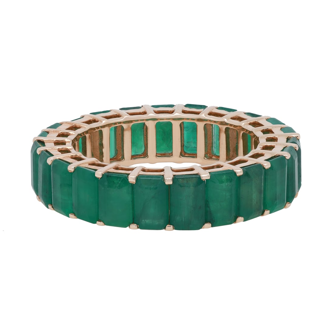 Rachel Koen 6.94ct Emerald Cut Emerald Eternity Band Ring 14K Yellow Gold: Rachel Koen 6.94ct Emerald Cut Emerald Eternity Band Ring 14K Yellow Gold This stunning 6.94-carat emerald cut emerald eternity band ring showcases a vibrant green color that radiates elegance. Crafte