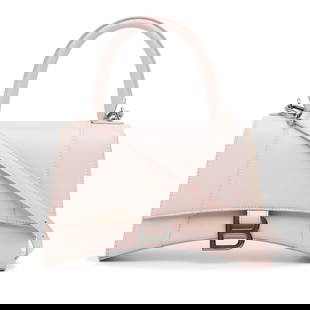 Balenciaga Hourglass S Satchel Pink Leather Bag with Dust Bag and Box: Balenciaga Hourglass S Satchel Pink Leather Bag with Dust Bag and Box The Balenciaga Hourglass S Satchel is a chic and stylish bag crafted from high-quality leather. It features a rolled leather handl