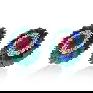 David Webb 18K Yellow Gold Azurite Malachite Ruby Diamond Clip-On Earrings: David Webb 18K Yellow Gold Azurite Malachite Ruby Diamond Clip-On Earrings Introducing a stunning pair of earrings by renowned New York jewelry designer David Webb, crafted from luxurious 18K yellow g