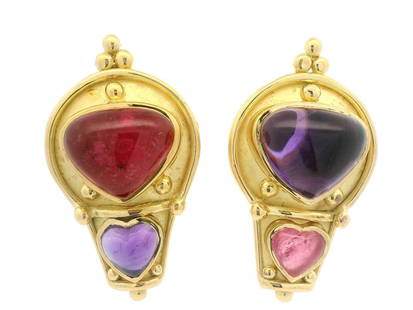 Denise Roberge 18k Gold Heart Amethyst Pink Tourmaline Clip-On Earrings: Denise Roberge 18k Gold Heart Amethyst Pink Tourmaline Clip-On Earrings These exquisite clip-on earrings by Denise Roberge feature a stunning heart-shaped design crafted in 18k yellow gold. The main s