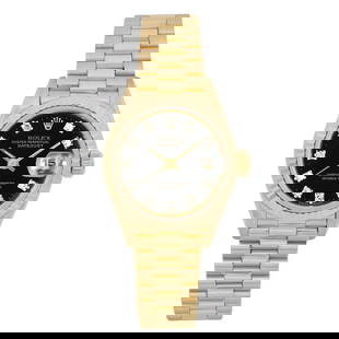 Rolex President Datejust 26mm 18K Yellow Gold Diamond Black Dial Watch with Papers: Rolex President Datejust 26mm 18K Yellow Gold Diamond Black Dial Watch with Papers This exquisite Rolex President Datejust wristwatch features a stunning 26mm case crafted from 18K yellow gold, comple