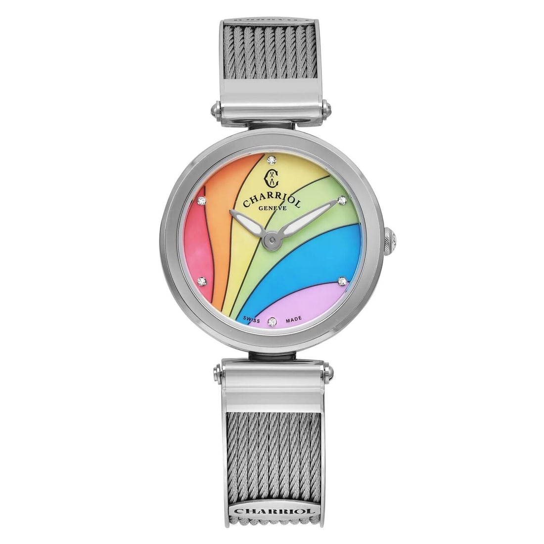 Charriol Forever Rainbow Ladies Quartz Watch MOP Dial Diamond Markers FE32.101.032: Charriol Forever Rainbow Ladies Quartz Watch MOP Dial Diamond Markers FE32.101.032 Introducing the Charriol Forever Rainbow Ladies Quartz Watch, a perfect blend of elegance and casual style. This wris