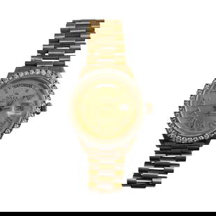 Rolex Daydate 1811 Gold Roman Dial Diamond Bezel AM President: Rolex Daydate 1811 Gold Roman Dial Diamond Bezel AM President Experience the luxury of the Rolex Daydate, a timeless watch designed for men. This exquisite timepiece features a striking gold Roman dia