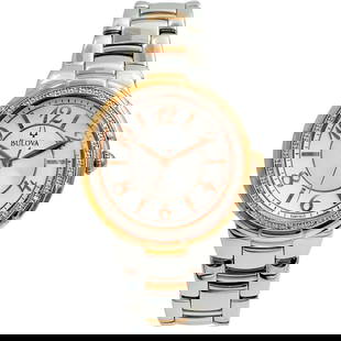 Bulova 98R162 Ladies Watch Stainless Steel Rose Gold Diamond Bezel MOP Dial 33mm Water Resistant: Bulova 98R162 Ladies Watch Stainless Steel Rose Gold Diamond Bezel MOP Dial 33mm Water Resistant This exquisite Bulova Ladies Watch 98R162 showcases a stylish blend of stainless steel and rose gold-to