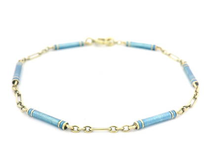 Antique 14k Yellow Gold Blue Enamel Bar Link Charm Bracelet: Antique 14k Yellow Gold Blue Enamel Bar Link Charm Bracelet This exquisite charm bracelet features a unique combination of antique 14k yellow gold and vibrant blue enamel, elegantly wrapped around bar