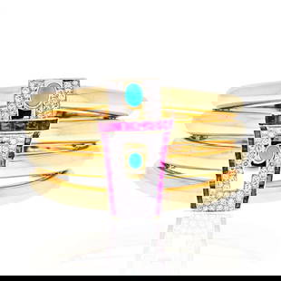 David Webb 1960s Platinum 18K Gold Diamond Ruby Turquoise Bangle Bracelet: David Webb 1960s Platinum 18K Gold Diamond Ruby Turquoise Bangle Bracelet This stunning David Webb bangle bracelet showcases a luxurious combination of platinum and 18K yellow gold. The bracelet featu