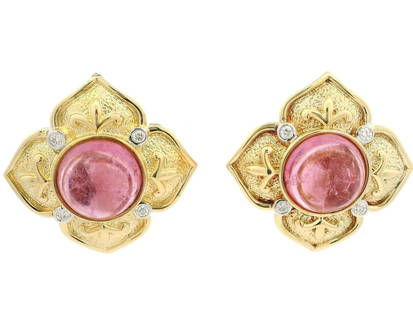18k Yellow Gold Omega Earrings Pink Tourmaline Diamond Flower Design: 18k Yellow Gold Omega Earrings Pink Tourmaline Diamond Flower Design These exquisite 18k yellow gold earrings feature a stunning round cabochon pink tourmaline at the center, beautifully complemented