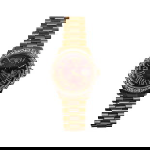 Rolex Daydate President 1803 AM Red Roman Diamond Bezel 18k YG: Rolex Daydate President 1803 AM Red Roman Diamond Bezel 18k YG The Rolex Daydate President features an exquisite AM Red Roman dial complemented by a diamond bezel. Designed for men, this timepiece is