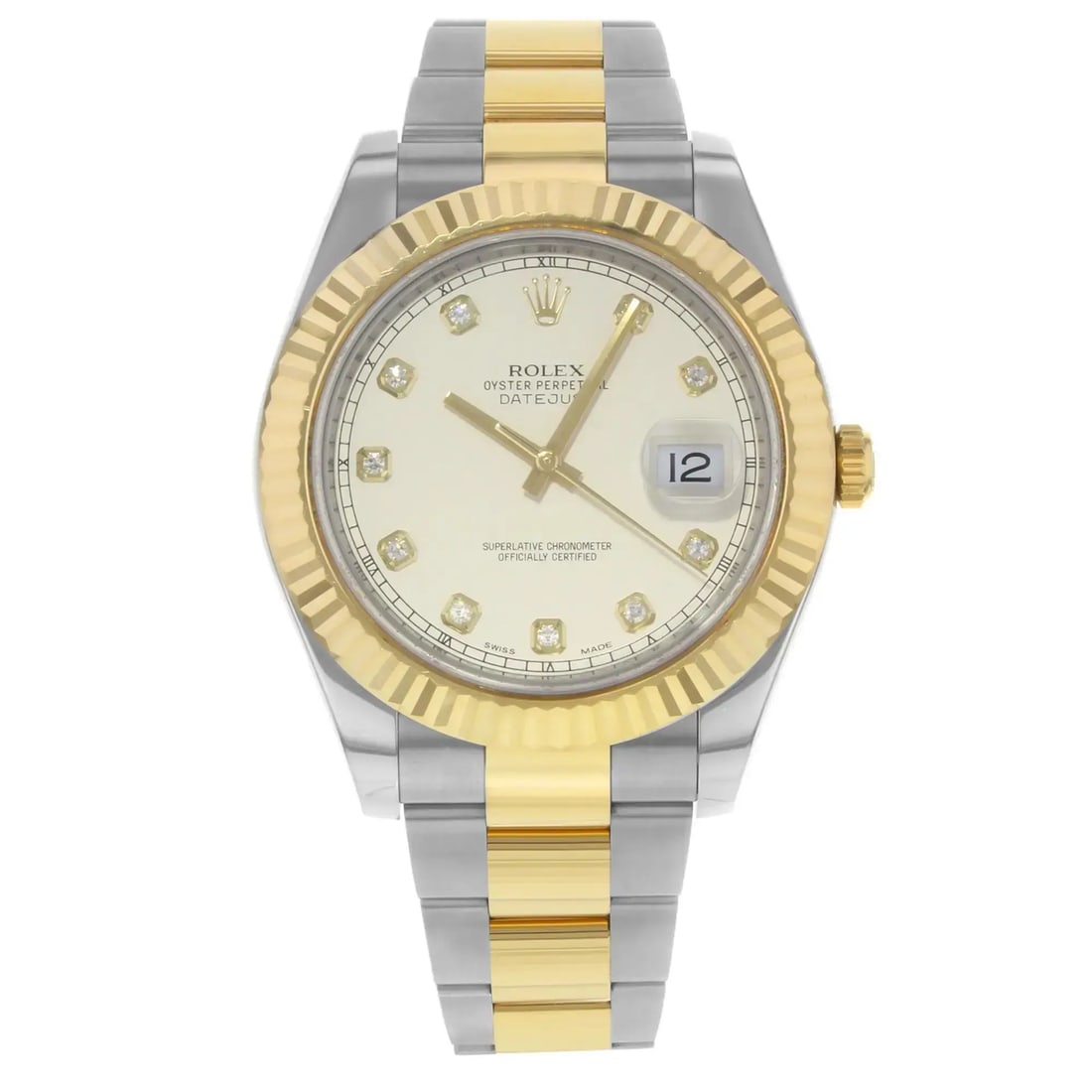 Rolex Datejust II 18K Yellow Gold Steel Cream Diamond Dial Watch 116333: Rolex Datejust II 18K Yellow Gold Steel Cream Diamond Dial Watch 116333 This Rolex Datejust II wristwatch is a luxurious blend of 18K yellow gold and stainless steel, featuring a stunning cream dial a