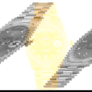 Rolex Day-Date 18038 36mm 18K Gold Champagne Diamond Dial Automatic Mens Watch: Rolex Day-Date 18038 36mm 18K Gold Champagne Diamond Dial Automatic Mens Watch Experience the luxury of this vintage Rolex Day-Date wristwatch, model 18038, crafted from 18K yellow gold. This exquisit