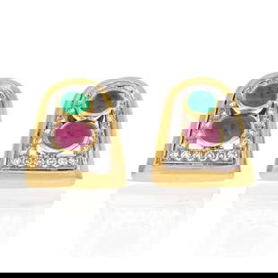 David Webb 18K Gold Platinum Clip Earrings with Emeralds Rubies Diamonds: David Webb 18K Gold Platinum Clip Earrings with Emeralds Rubies Diamonds Discover the elegance of these David Webb Platinum & 18K Yellow Gold Clip Earrings, beautifully crafted with a combination of l
